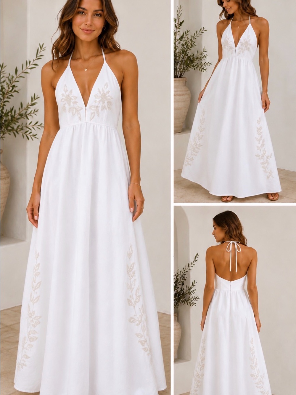 NWT Robert Rodriguez White jean Embroidered Halter Maxi Dress Size 12